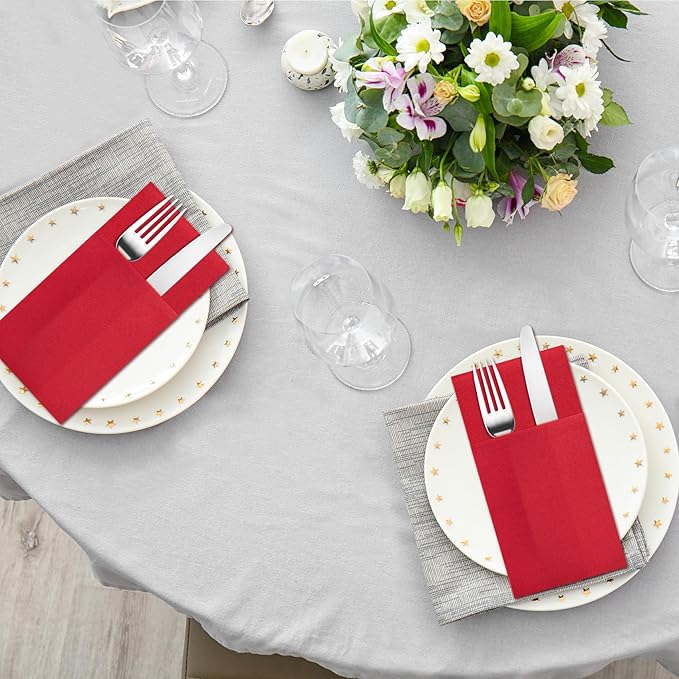Red Napkins Hand Towels Disposable, Linen-Feel Dinner Napkins with Prefolded Built-in Flatware Pocket, Guest Paper Hand Towels For Wedding, Dinner Or Party (16x16in, 50Pack）