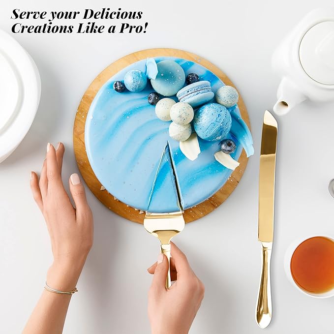Cake Cutting Set for Wedding Cake Knife and Server Set, Cake Cutter and Pie Spatula,Cake Serving Set Serrated Blade,Thickened Stainless Steel Rounded Edge, Birthdays, Anniversaries,Parties 2 Pcs, Gold