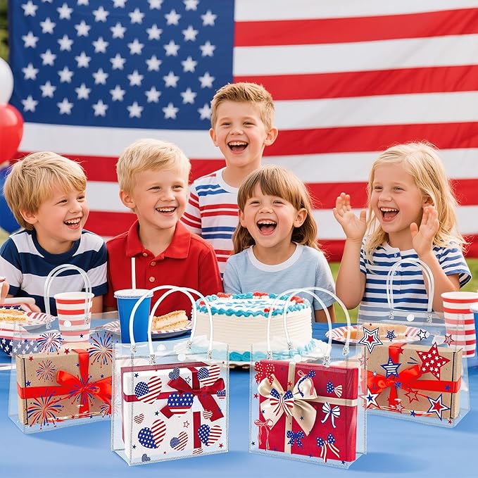H1vojoxo Patriotic Clear Gift Bags - 24PCS 4th of July Clear PVC Gift Bags with Handles 7.9 x 3.2 x 7.9 Inches American Goodie Treat Snack Candy Gifts Bag Independence Day Memorial Day Party Favors