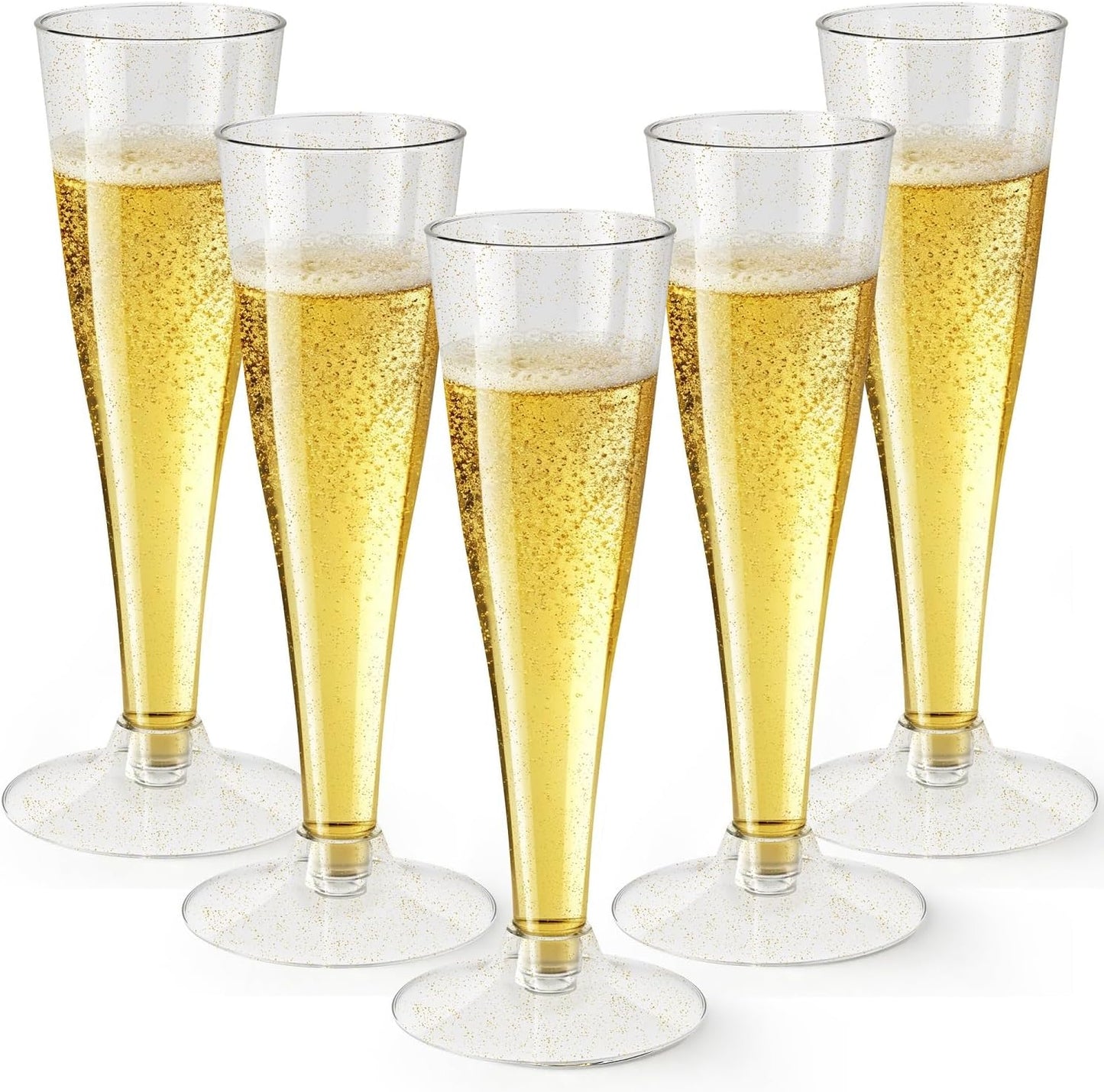 100 Pack Champagne Flutes Plastic Wine Glasses Disposable, 4.5 Oz Gold Glitter Mimosa Glasses for 2025 Engagement Wedding Birthday New Years Eve Xmas Party Supplies, Bulk Toasting Cocktail Cups