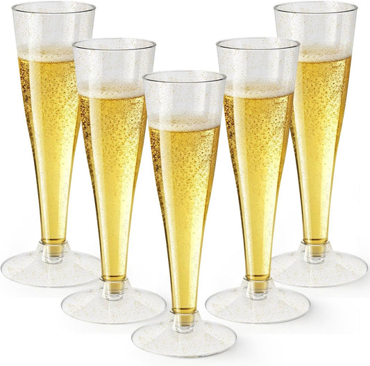 40 Pack Champagne Flutes Plastic Wine Glasses Disposable, 4.5 Oz Gold Glitter Mimosa Glasses for 2025 Engagement Wedding Birthday New Years Eve Xmas Party Supplies, Bulk Toasting Cocktail Cups