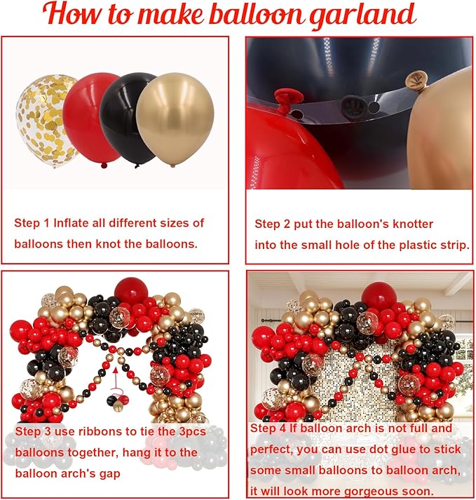 Red Black and Gold Balloons Arch Kit, 162pcs Different Sizes with Black Red Chrome Gold Confetti Balloons for Graduation Prom Movie Night Vegas Casino Hollywood Theme Party Decorations
