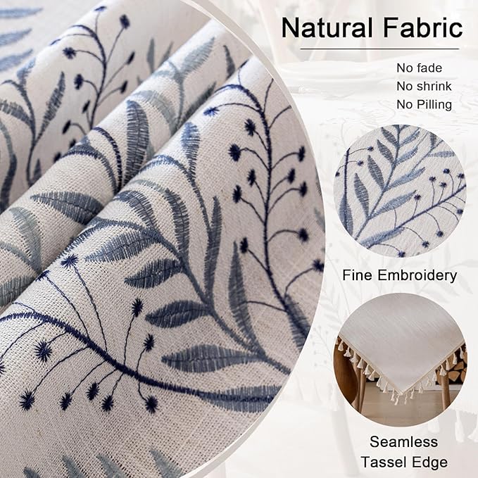 Joyfol Day Rustic Waterproof Linen Tablecloth, Heavy Weight Fern Embroidery Table Cloths for Square Tables, Farmhouse Spill-Proof Table Covers with Tassels, Blue 55''x 55''