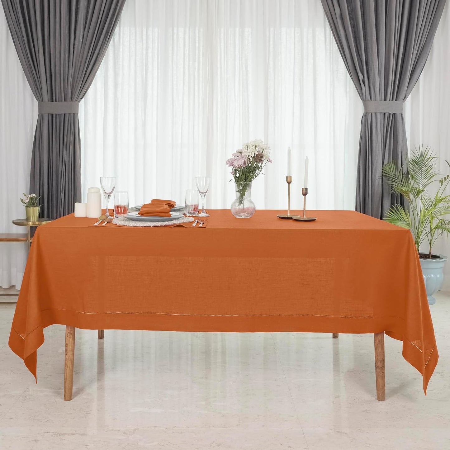 D'Moksha Homes Rust Linen Tablecloth for Rectangle Tables 60 x 144 Inch - 100% Pure Linen Rust Table Cloth - Classic Hemstitch, Machine Washable Dining Tablecloth for Thanksgiving, Holiday