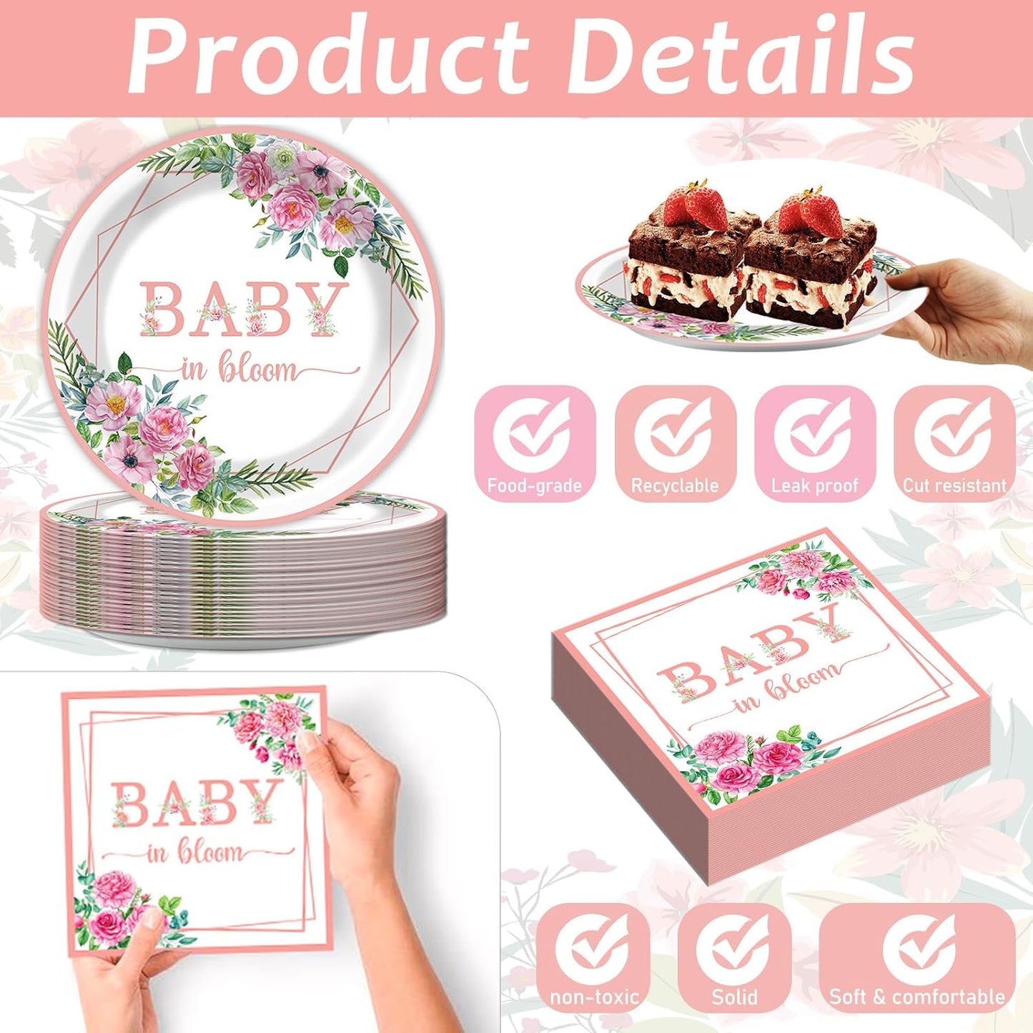 gisgfim 50 Guests Baby in Bloom Party Supplies Baby In Bloom Floral Plates and Napkins Plastic Forks Girl Floral Tableware Pink Flower Paper Plates for Birthday Party 200PCS