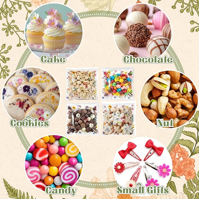 Tinlade 200 Pcs Wildflower Party Cellophane Treat Bags Floral Candy Decorations Plastic Clear Goody Bags for Wedding Birthday Graduation Party Supplies