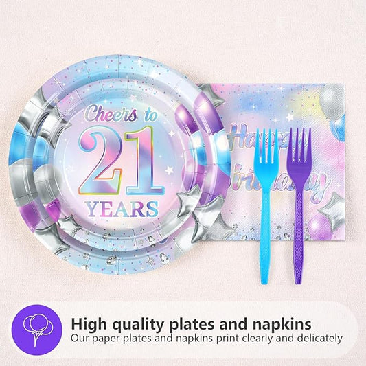 Grencian 96Pcs 21st Birthday Decorations Iridescent 21st Birthday Party Plates Disposable 350GSM Cheers to 21 Years Paper Tableware Set for Girls Women 21 Years Old Party Supplies Serves 24