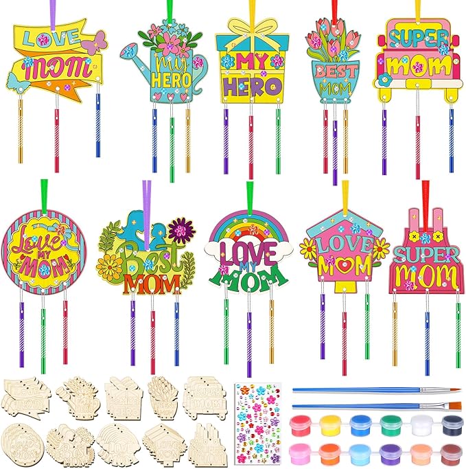 DoubleFill 30 Pack Wind Chime Kit Make You Own Mother's Day Wind Chimes Crafts DIY Coloring Wooden Mother's Day Craft for Mom's Birthday Gifts Party Decoration Art Hanging Ornaments