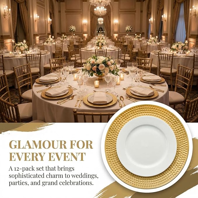 Nicunom 12 Pack Gold Charger Plates, 13 Inch Round Charger Plates with Hammered Rim, Plastic Charger Plate for Wedding Dinner Party Event Decoration