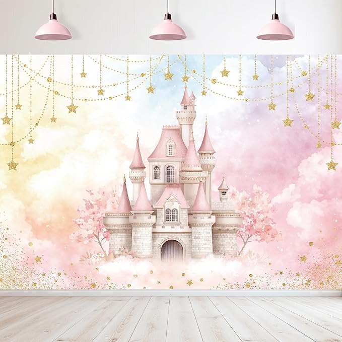 Homewelle Pink Fairy Castle Backdrop 7Wx5H Feet Polyester Fabric Pretty Starry Star Fantasy Ombre Clouds Flower Decoration Dreamlike Wonderland Aesthetic Photography Background Photo Shoot Props