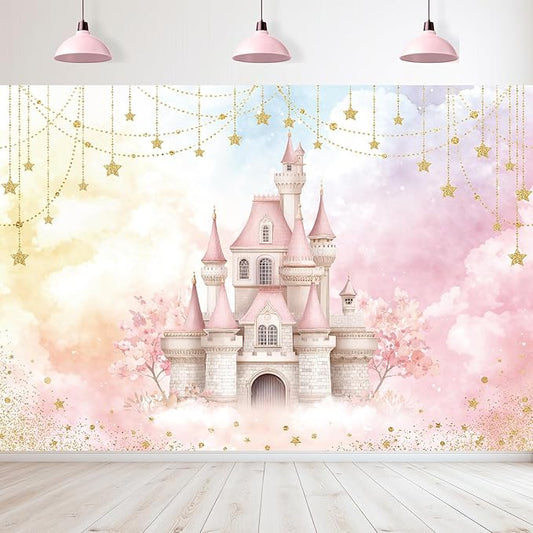 Homewelle Pink Fairy Castle Backdrop 7Wx5H Feet Polyester Fabric Pretty Starry Star Fantasy Ombre Clouds Flower Decoration Dreamlike Wonderland Aesthetic Photography Background Photo Shoot Props