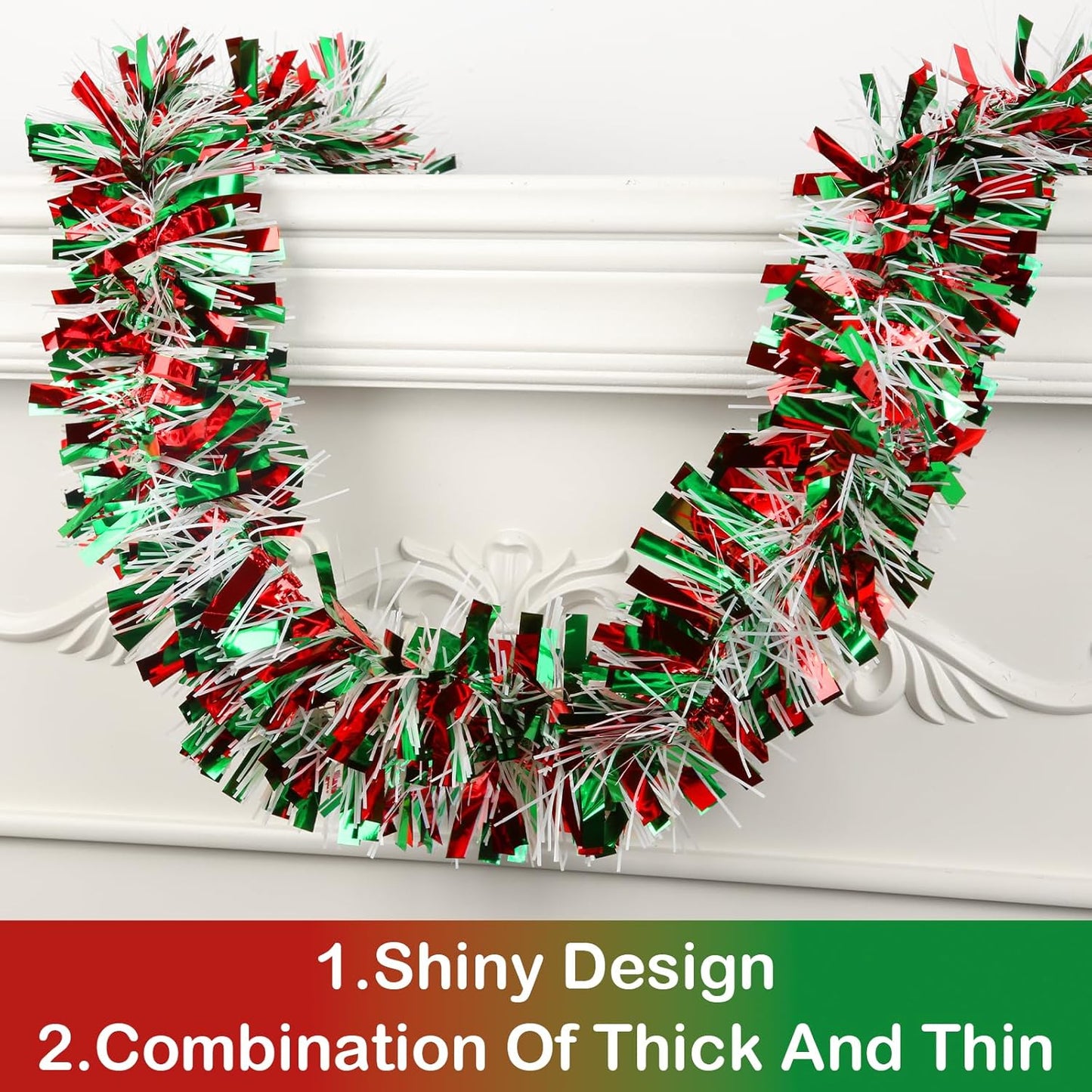 50ft Metallic Tinsel Garland - Christmas Tree Decorations (Red, Green, White)