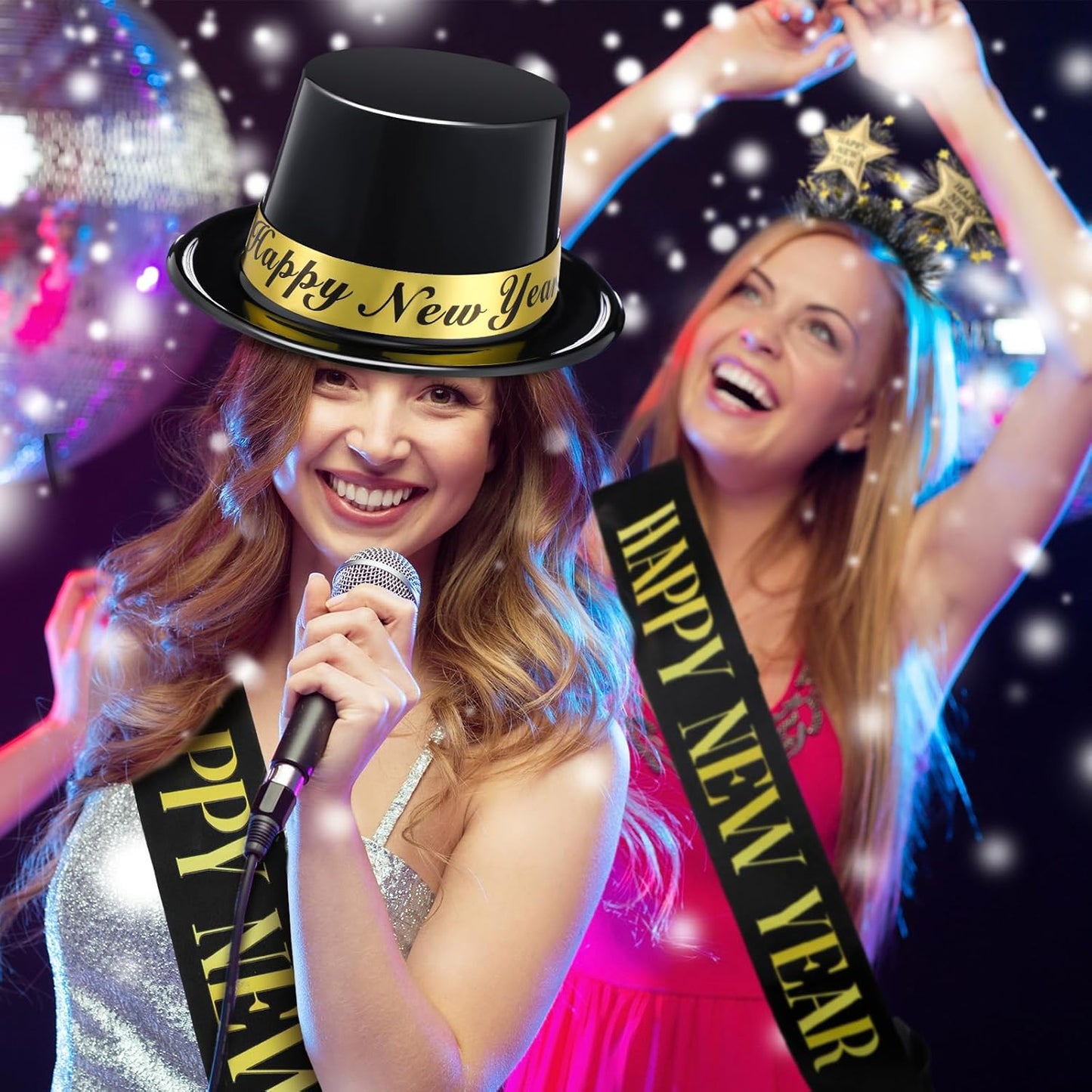 Coume 3 Pcs 2026 Happy New Year's Eve Party Supplies Black Gold Hat New Year Headband with Star Boppers Sash Belt Decoration for Party Gift Accessories