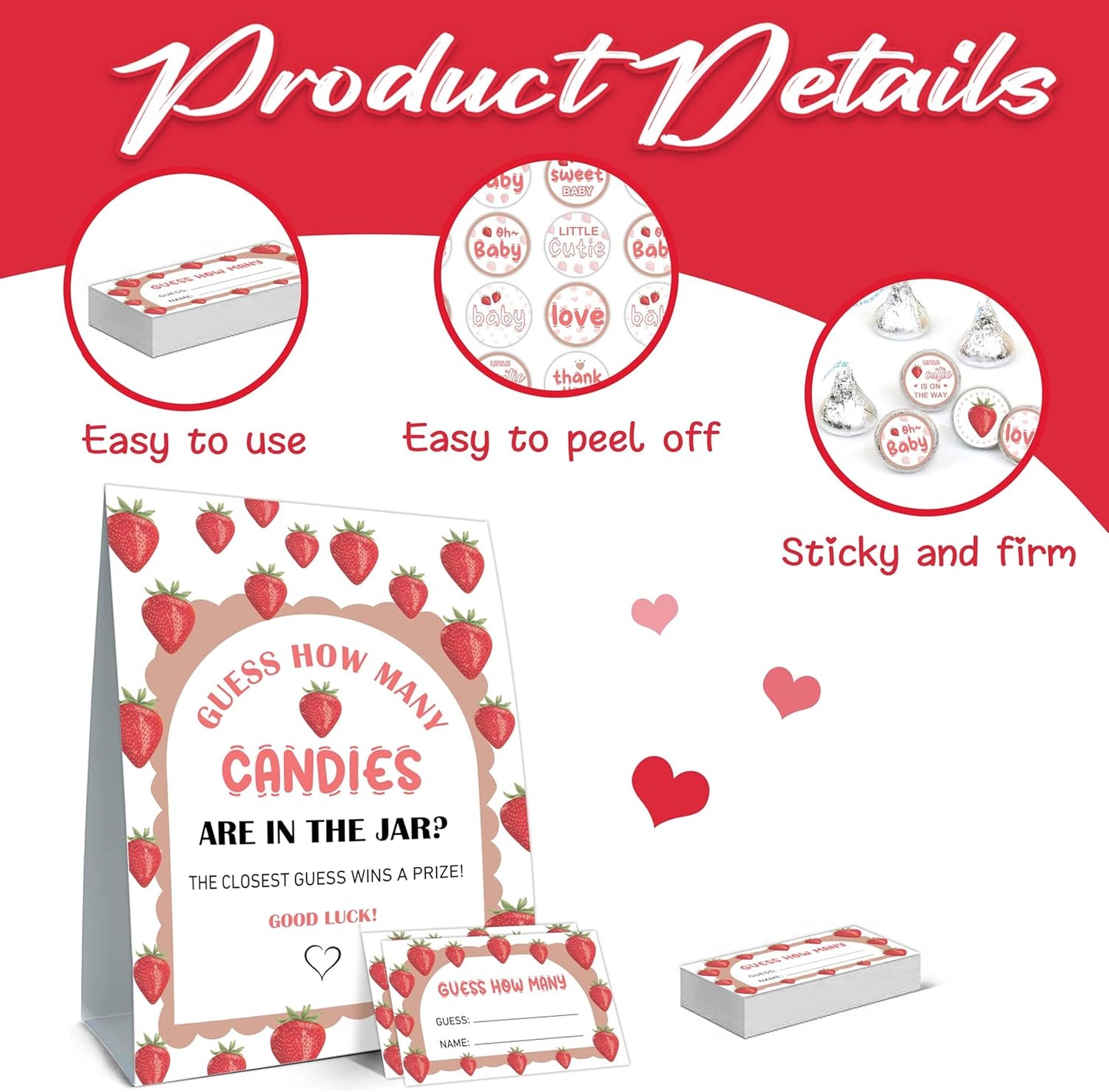 Guess How Many Candies Baby Shower Games, How Many Candies Standing Sign 50 Guessing Cards 180 Baby Shower Candies Stickers, Guess How Many Candies Strawberry Baby Showers Game Set for Birthday Party