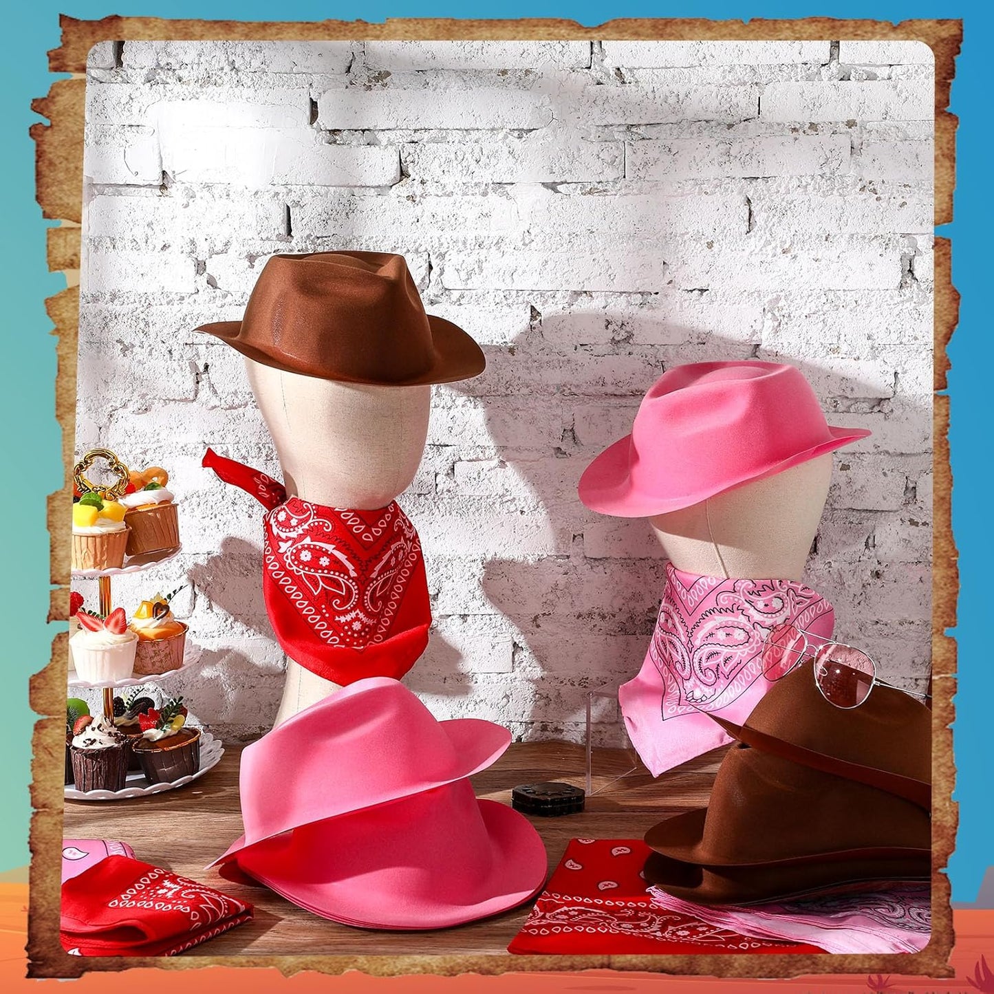 Hillban 72 Pcs Western Cowboy Hat and Paisley Bandana Set for Kids Felt Cowboy Party Hats for Costume Party Favors(Brown, Pink)