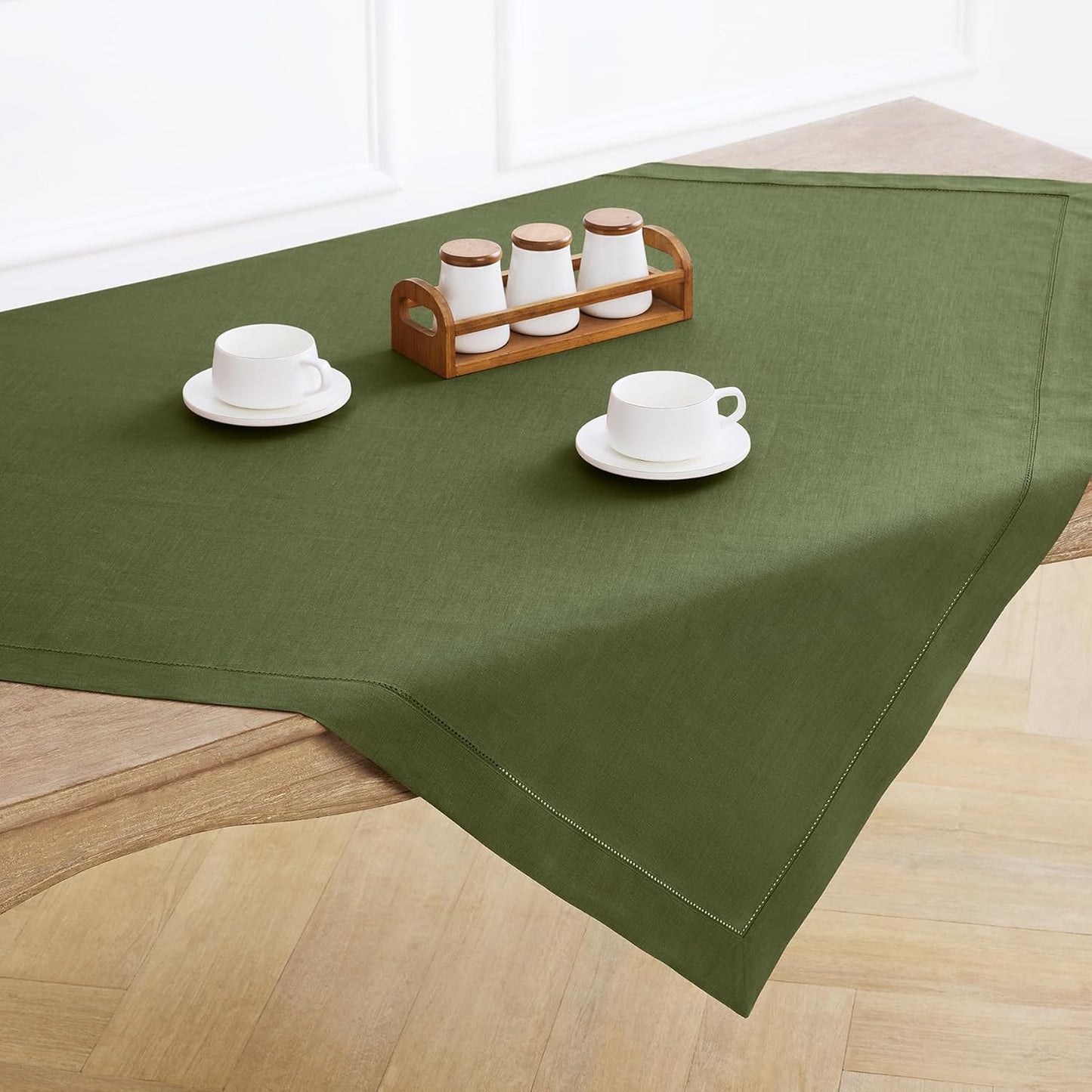 Solino Home Linen Tablecloth 52 x 52 Inch - 100% Pure Linen Olive Square Tablecloth - Classic Hemstitch, Machine Washable Table Throw for Fall, Autumn, Thanksgiving