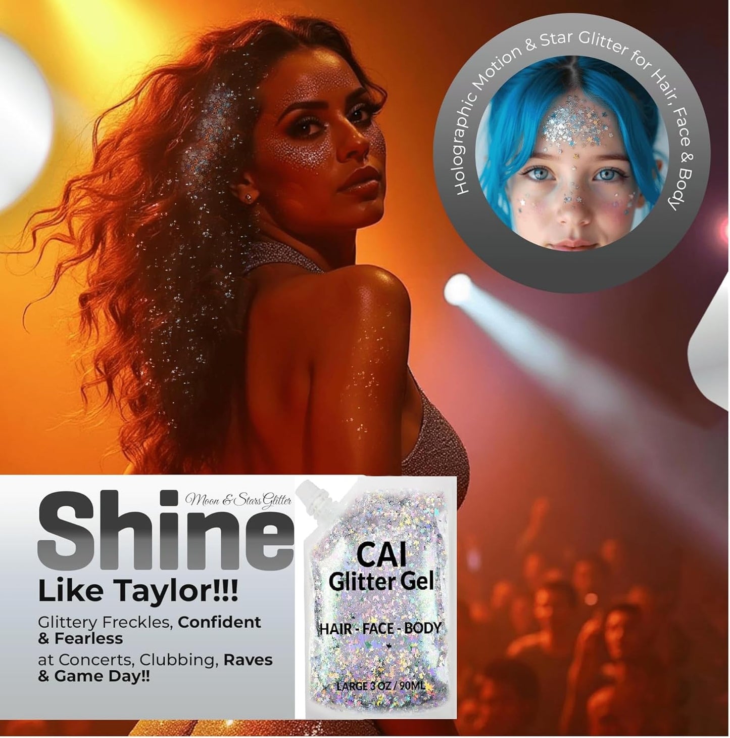 Face, Body & Hair Glitter Gel – Halloween Glitter for Kids and Women – 3 Oz Cosmetic-Grade Gel w/Moon & Stars for Festivals & Halloween Party, Easy Apply & Wash Off - Blue 2Pack