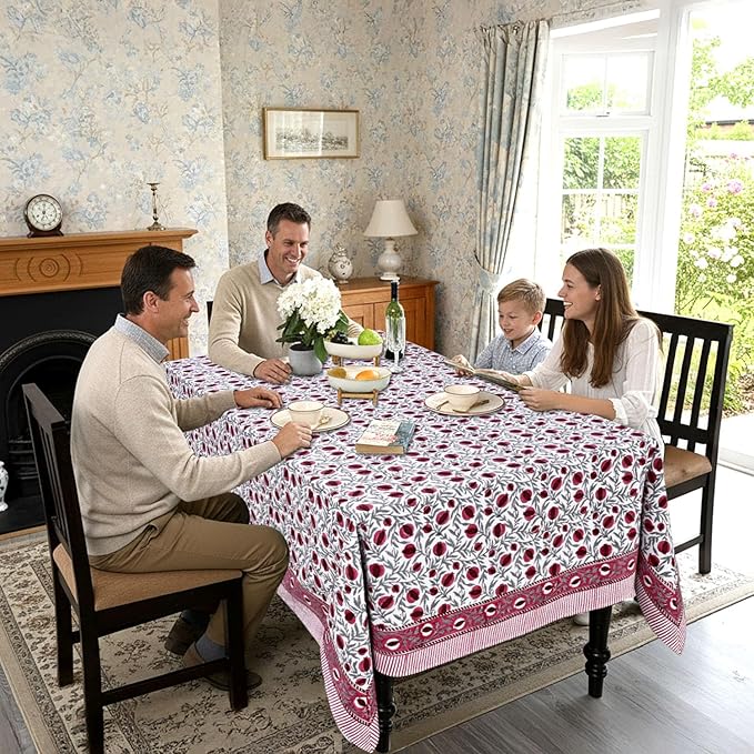 Ridhi -Sangria Red Cotton Tablecloth, Handblock Print Floral Table Cloth for Kitchen Dining Linen I Thanksgiving, Christmas, Wedding, Fall Décor 4 Seater 60x60 Inches Square