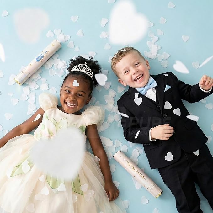 PrimePure Confetti Cannon Party Poppers - Biodegradable White Heart Confetti Poppers - 6 Pack - White Paper Hearts Pop Gun for Wedding Send Off, Bridal Shower, Birthday, Parties