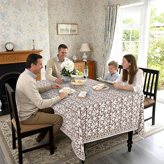 Ridhi Hand Block Print Oak Brown Rectangle Cotton Tablecloth 102" x 48" Reusable Table Cover Decorative Everyday Use for Dining, Farmhouse, Home Gift for Spring, Easter, Valentine