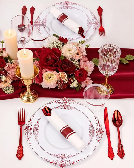 Nervure 100Pcs White and Red Plastic Plates - Heavyweight Red Disposable Plates - Plastic Plate Include 50Pcs 10.25inch Dinner Plate & 50Pcs 7.5inch Dessert Plate for Wedding & Party