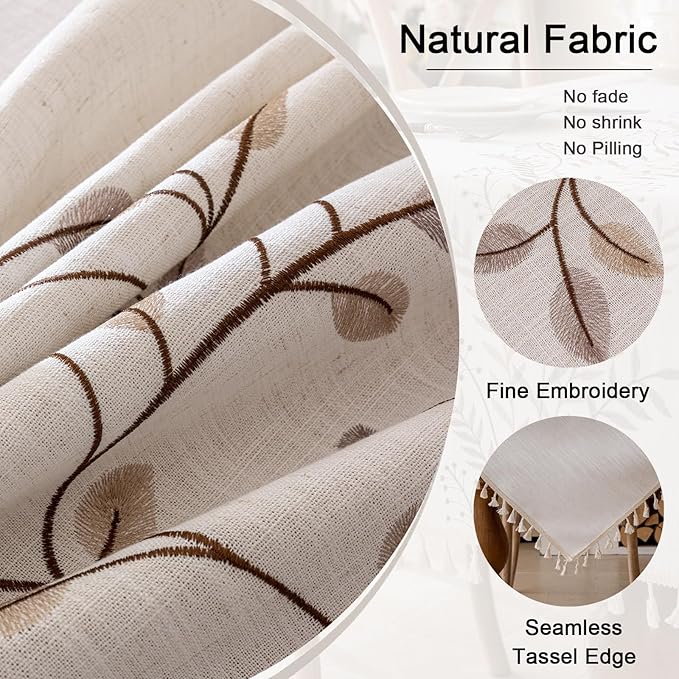 Joyfol Day Square Linen Tablecloth, Heavy Duty Waterproof Tablecloths, Farmhouse Embroidery Leaves Table Cloth with Tassels, Soft Wrinkle Free Table Cover, Coffee Vines, 55''x 55''