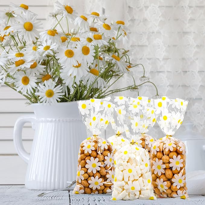 Whaline 100Pcs Daisy Cellophane Bag with Gold Twist Ties White Flower Plastic Candy Cookie Bags Floral Cello Goodie Bags for Spring Summer Boho Hippie Daisy Flower Party Birthday Baby Shower Wedding