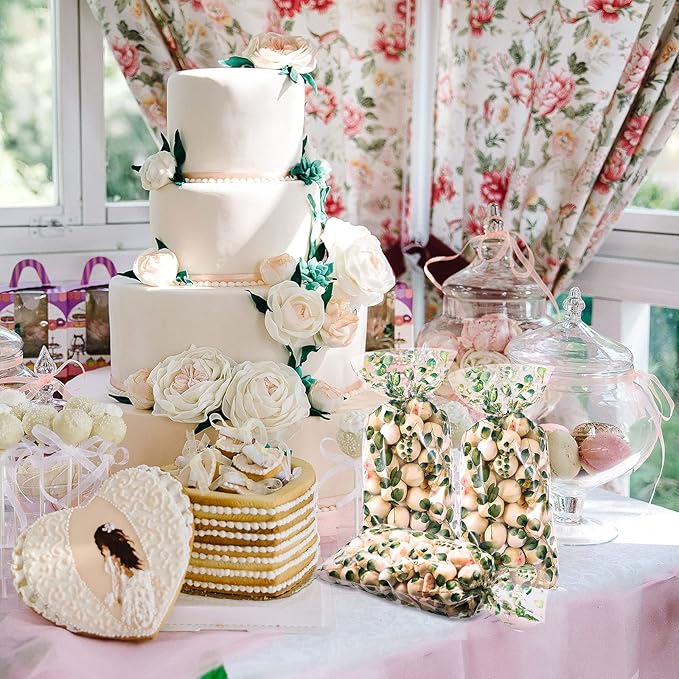 Outus 100 Pieces Eucalyptus Cellophane Party Treat Bag Sage Green Leaf Candy Bags for Baby Shower Wedding Bridal Shower Supplies Favors Decorations Birthday Theme Floral Decor