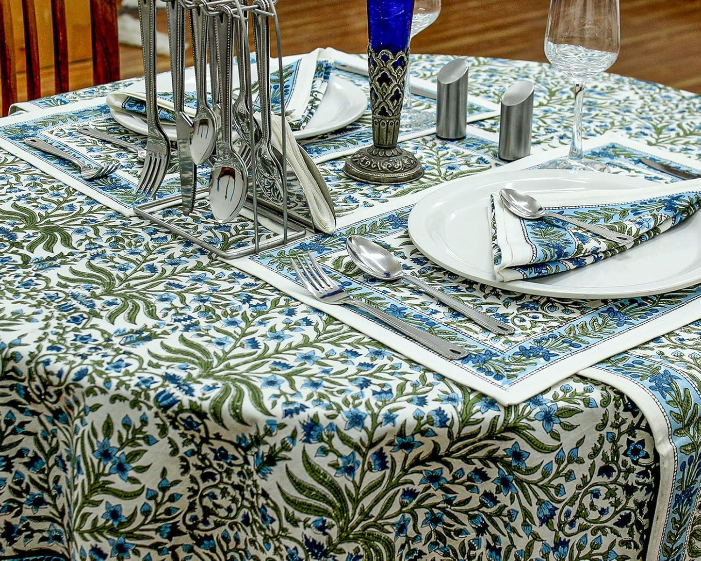 72 Inches Round Hand Block Printed Cotton Tablecloth, Blue White Floral Table Cloths Washable, Indian Table Linen for Dinning Home Decor Autumn Outdoor Thanksgiving