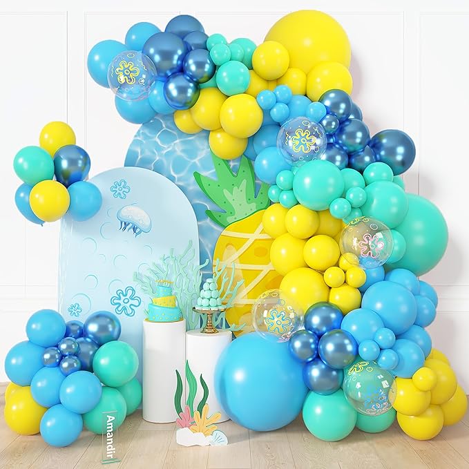 Amandir 153pcs Blue and Yellow Balloons Arch Garland Kit, Different Sizes 18 12 10 5inch Teal Metallic Blue Yellow Flower Printed Clear Balloons for Cartoon Birthday Sea Theme Shower Party Decorations