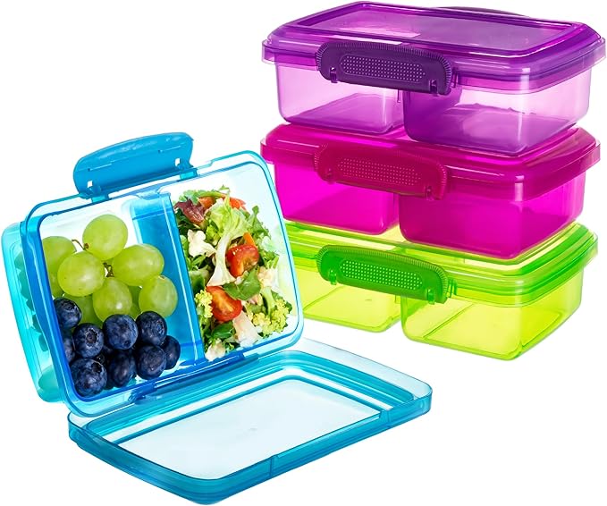 4 Pack Reusable Snack Containers with Lids, 2-Compartment Bento Boxes for Kids, Lightweight & Stackable Food Containers, Dishwasher Safe & Refrigerator Safe (4 Colors)