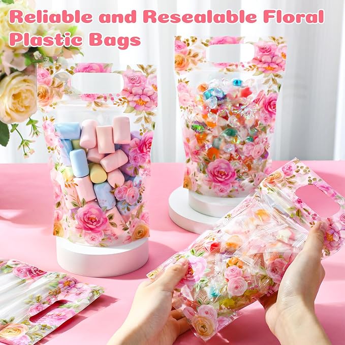 Blosssound 50 Pcs Floral Plastic Bags Clear Flower Baby Shower Bags Pink Flower Baby in Bloom Favor Pouches with Handles for Pink Tea Party Birthday Candy Gift Wrapping Supplies Decoration (Floral)