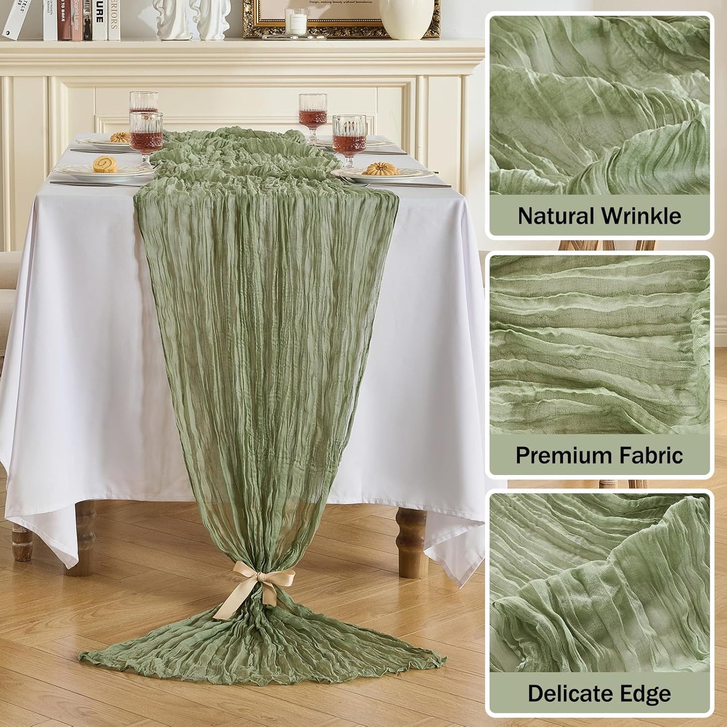 Fanami 3 Pack Cheesecloth Table Runner -10FT Sage Green Boho Gauze Cheese Cloth Table Runner 120 Inches Long Rustic Sheer Fabric Centerpieces for Wedding Birthday Party Bridal Baby Shower Decorations