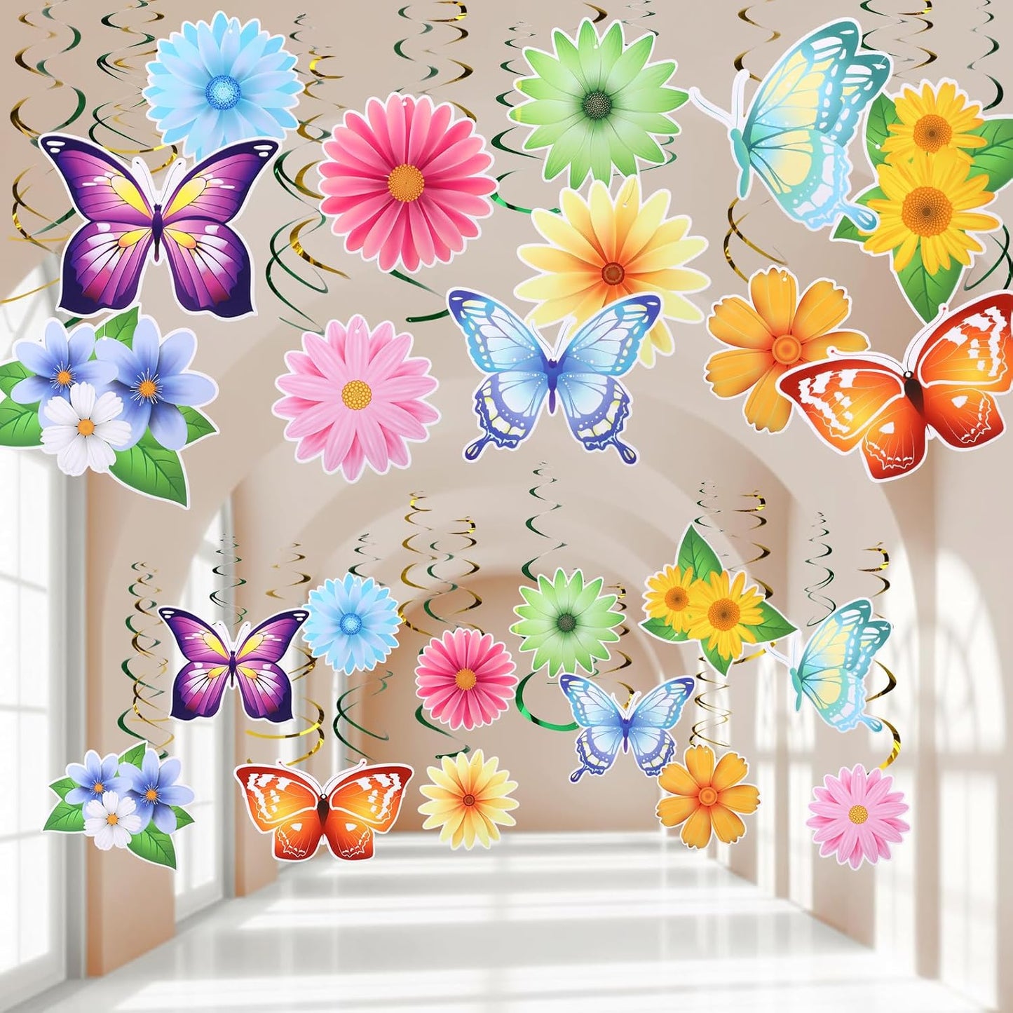 36 Pcs Butterfly Flower Party Decoration Hanging Swirl Streamer Hanging Ceiling Paper Flora Butterfly Decoration for Summer Spring Wedding Home Garden Girl Birthday Baby Shower Tea Party
