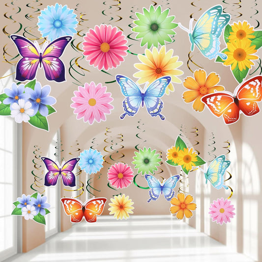 36 Pcs Butterfly Flower Party Decoration Hanging Swirl Streamer Hanging Ceiling Paper Flora Butterfly Decoration for Summer Spring Wedding Home Garden Girl Birthday Baby Shower Tea Party