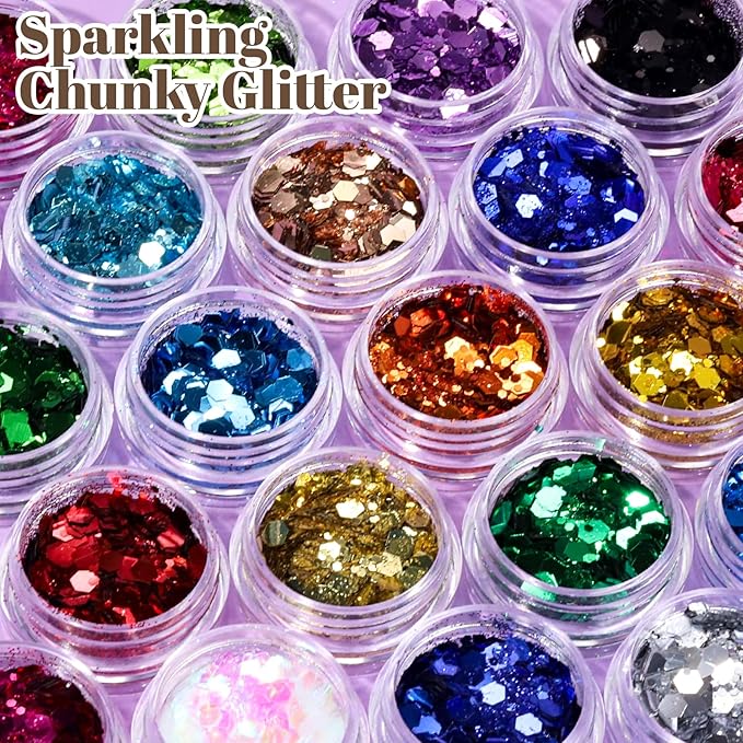 LEOBRO Chunky Glitter, 24 Colors Glitter for Crafts, Resin, Sequins for Crafts, Hair Body Face Makeup Nail, DIY Party Decorations, Solid Color
