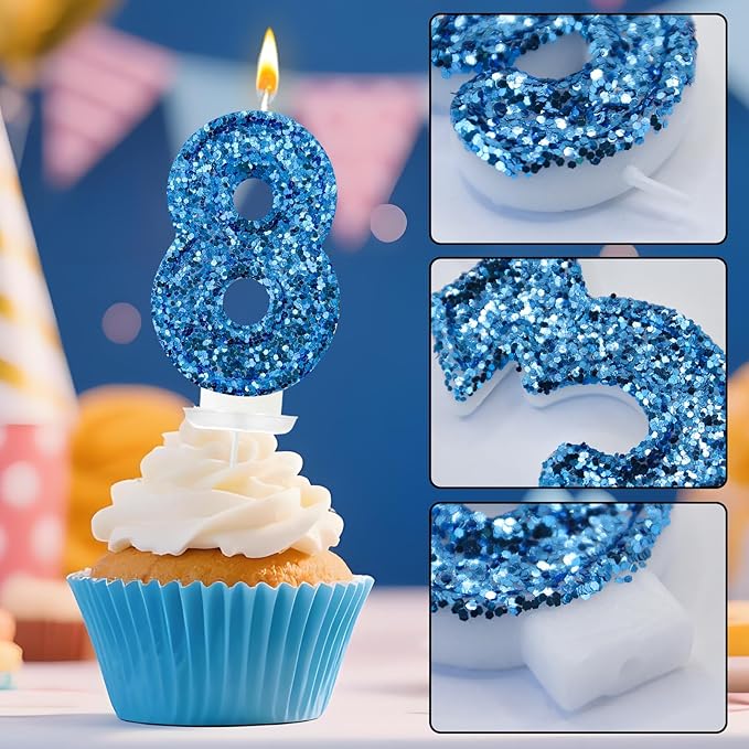 Zailo Birthday Number Candles, Glitter Number Candle Cake Decorations with Sequins, Cupcake Decorations for Girls, Women, Party Anniversary Celebrations (Number 8, Blue)