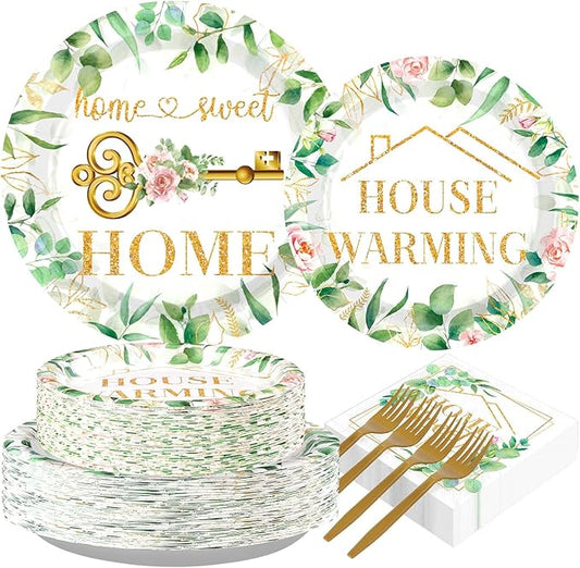 Grencian 200Pcs House Warming Party Decorations Housewarming Plates Disposable Home Sweet Home Plates Green Leaves Pink Floral Paper Tableware for New House Wedding Party Supplies, Serves 50