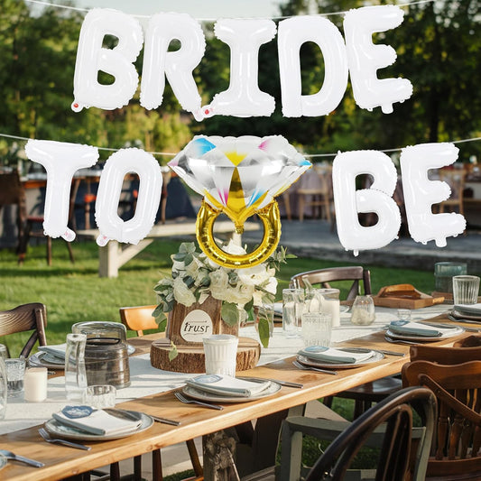 Bachelorette Party Decorations, White Bride To Be Bridal Shower Letter Balloons Banner with Diamond Ring Mylar Foil Balloon for Engagement Wedding Photo Booth Hen Night Room Party Decor