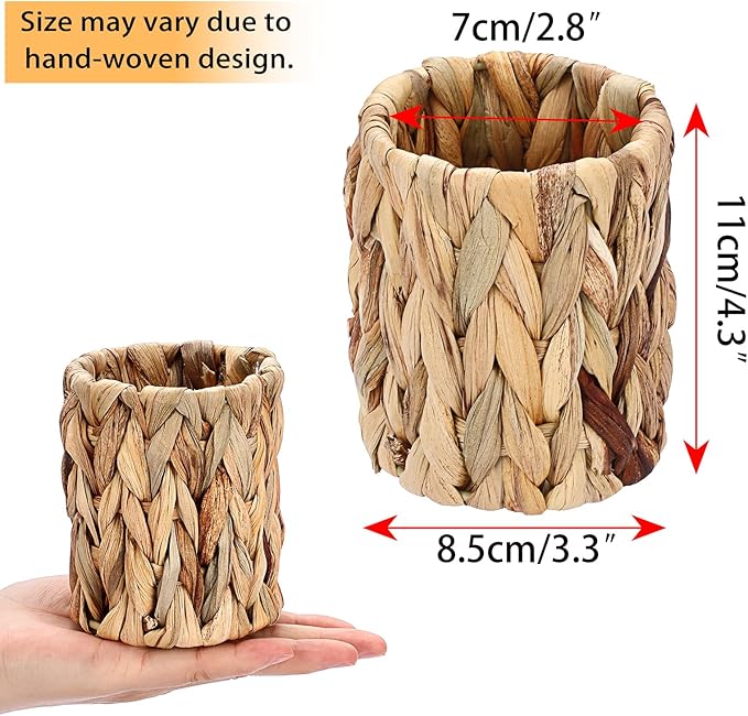 BTSKY 3 Pack Water Hyacinth Pencil Holder, Handmade Wicker Pen Cup Makeup Brushes Holder, Pens Pencil Cup Organizer Chic Woven Desktop Accessories Pen Container Box for Office Home Desktop, Cylinder