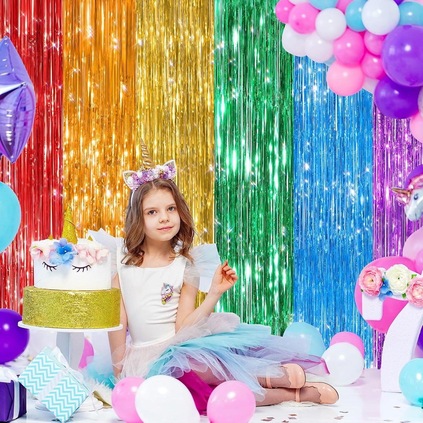 2 Pack Rainbow Metallic Tinsel Foil Fringe Curtains, Door Streamers Photo Booth Backdrop for Birthday Party, Tinsel Curtain Backdrop for Baby Shower Bachelorette Christmas Party Decorations