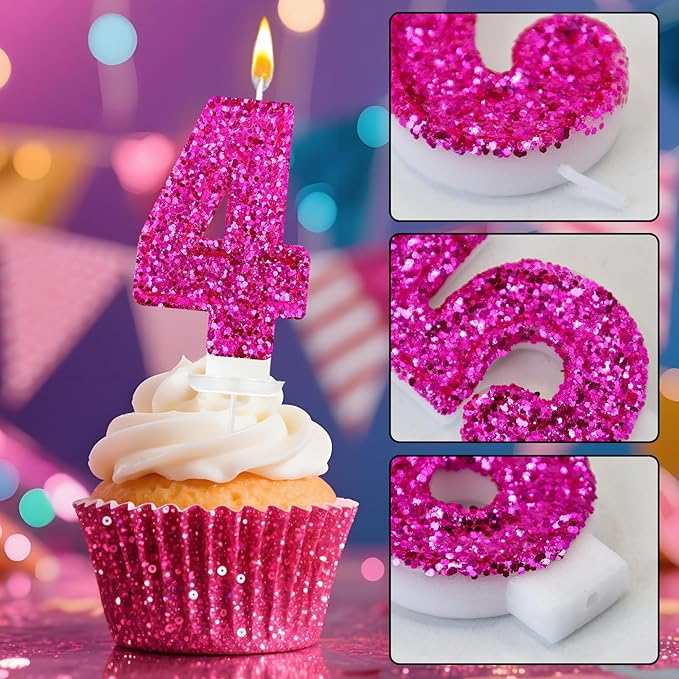 Zailo Birthday Number Candles, Glitter Number Candle Cake Decorations with Sequins, Cupcake Decorations for Girls, Women, Party Anniversary Celebrations (Number 4, Bright red)