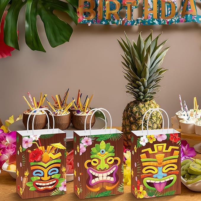 Resholder 30 Pcs Hawaiian Aloha Gift Bags Tiki Luau Party Favor Paper Bags with Handle Tropical Tiki Face Portable Candy Treat Goodie Pouch for Hawaii Summer Festival Party Supplies Baby Shower Decor