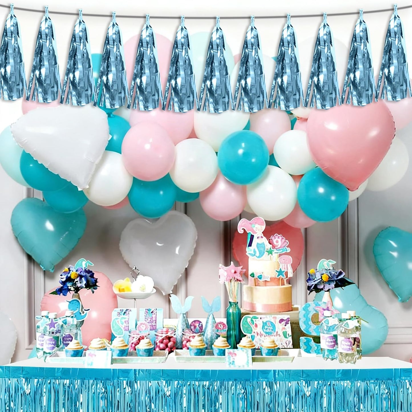 4P Light Blue Tassel Banner Garland Metallic Foil Fringe Banner Tinsel Tassels Streamer Banner Backdrop for Parade Floats, 2025 Graduation Decorations, Wedding Party Decoration
