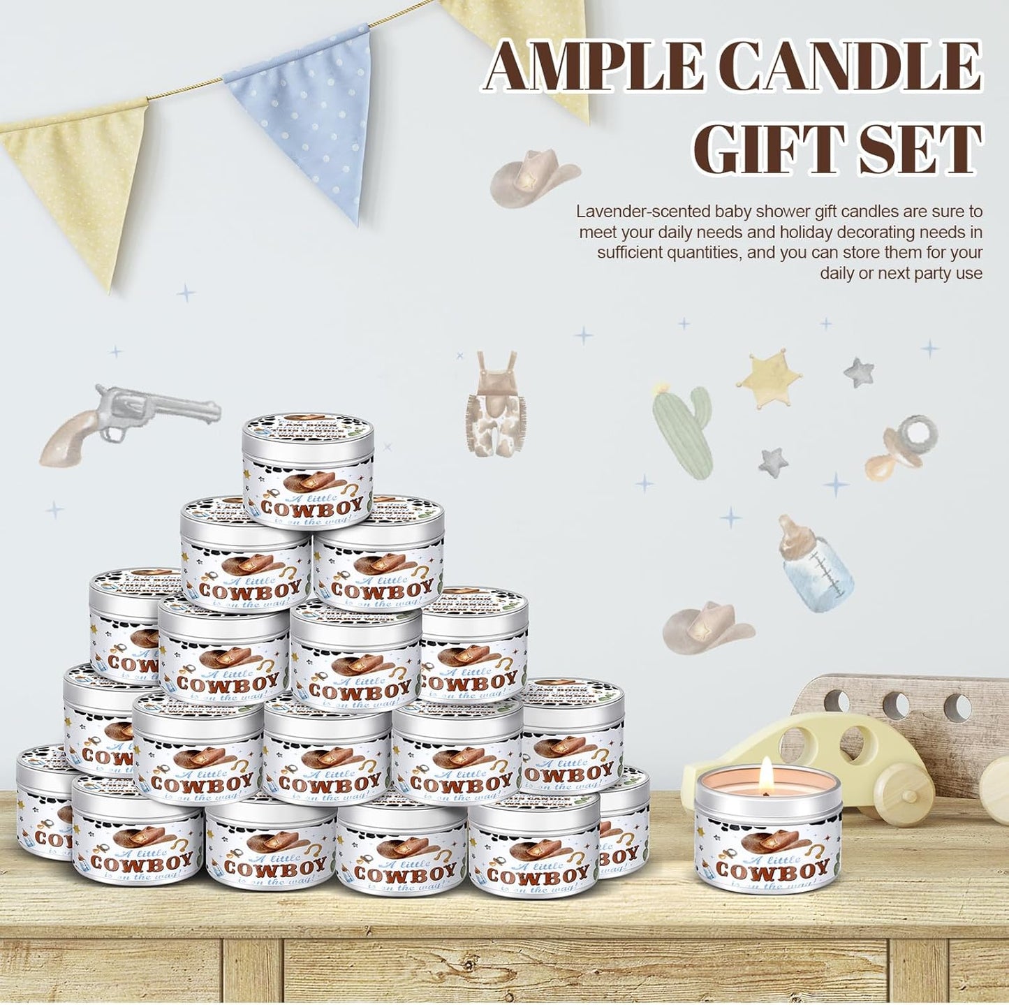 MTLEE 24 Pcs Cowboy Baby Shower Party Favors Candles Lavender Scented Baby Shower Favors for Guests Rustic Tealights Candles Gender Reveal Return Gifts Girl Boy(1.2 Oz, White)