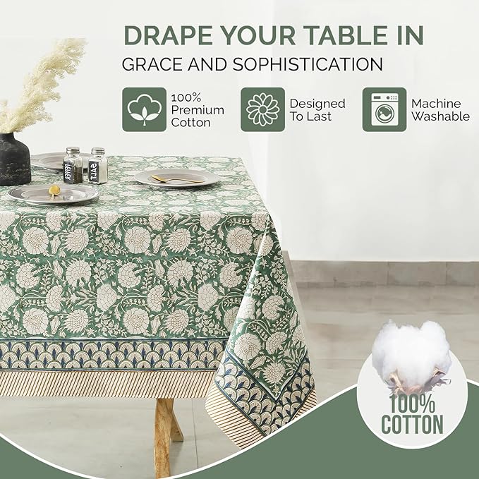Labhanshi Indian Handblock Print Pre-Washed Cotton Floral Table Cloth|Reusable Rectangle 72x108 Inch 8-Seater Dining Tablecloth|Spring Easter St.Patrick Festive Decorative Table Cover|Moss Green