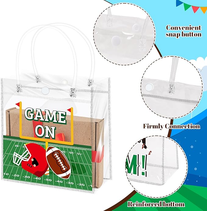 H1vojoxo Football Party Gift Bags - 24PCS Football Clear PVC Gift Bags with Handle Reusable Rugby Sports Goodie Bag for Boys Birthday Rugby Tote Bag for Snack Large Candy Treat Ball Themed Party Favor