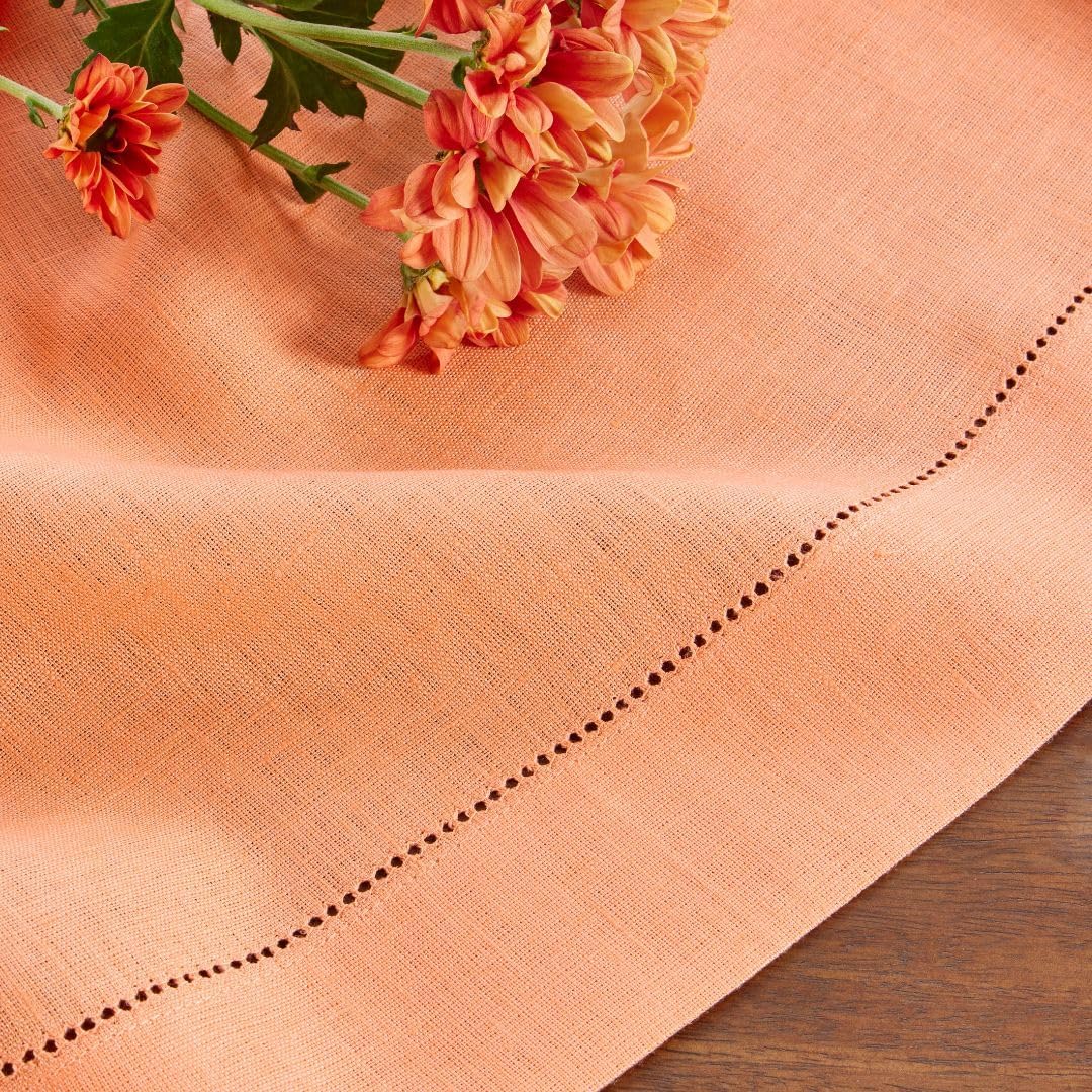 Solino Home Linen Tablecloth for Rectangle Tables 60 x 108 Inch - Classic Hemstitch 100% Pure Linen Coral Table Cloth - Machine Washable Cloth Tablecloth