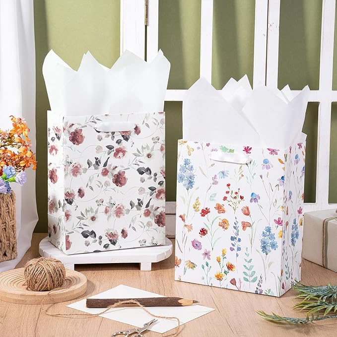Loveinside Medium Size Gift Bags, Colorful Flower Pattern Gift Bag with Tissue Paper for Shopping, Parties, Wedding, Baby Shower, Craft-4 Pack, 7" X 4" X 9"