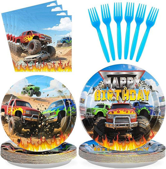 Grencian 96Pcs Monster Themed Truck Birthday Party Decorations Monster Themed Truck Plates and Napkins Forks Tableware for Kids Boys Car Birthday Party Decorations Serves 24
